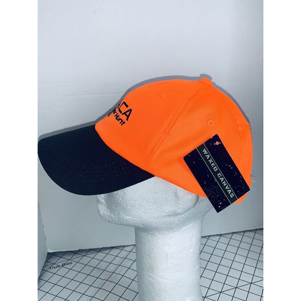 ACA Deer Hunt Blaze Orange Cap Hat Strap Back Black Curve Brim Waxed Canvas nwt